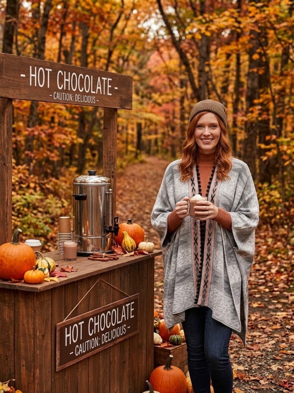 Umgee Gray Knit Poncho with Tan Trim